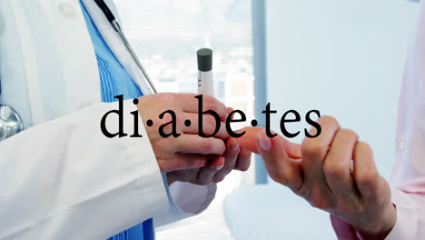 Animación-Del-Texto-Sobre-Diabetes-Sobre-Un-Médico-Caucásico-Usando-Un-Glucómetro