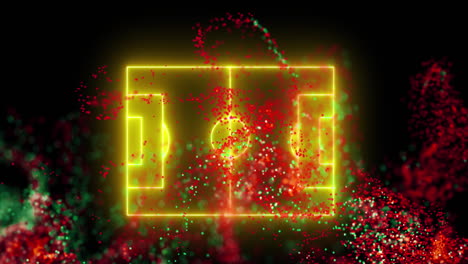 Animation-Einer-Roten-Und-Grünen-Digitalen-Welle-über-Einem-Neongelben-Fußballfeldlayout-Auf-Schwarzem-Hintergrund