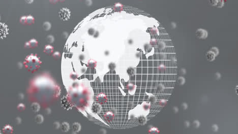 Animation-of-globe-and-virus-cells-over-grey-background