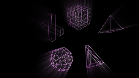 Animation-of-glowing-3d-shapes-moving-on-black-background