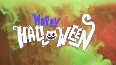 Animation-of-happy-halloween-text-and-cat-over-orange-background