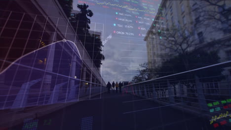 Animation-of-graphs,-trading-boards,-time-lapse-of-diverse-people-walking-against-building-and-sky
