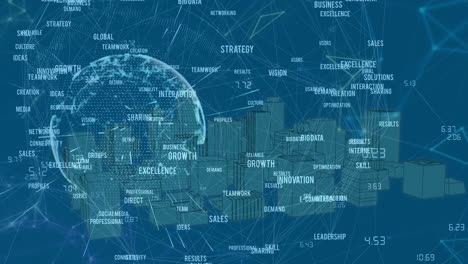 Animation-of-text-concepts-connecting-dots,-globe-with-3d-urban-city-on-digital-interface