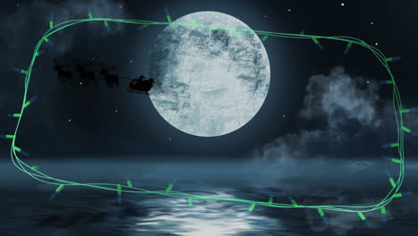 Blue-christmas-string-lights-flashing-over-winter-scene-with-santa-passing-full-moon-in-sleigh