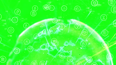 Animation-of-globe-with-icons-on-green-background