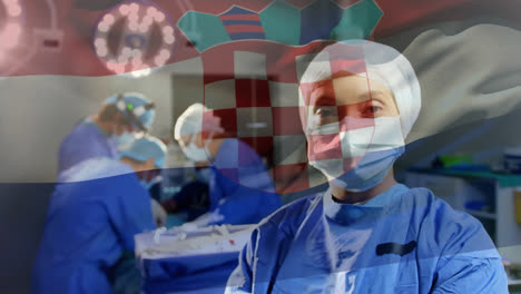 Animation-of-croatia-flag-against-portrait-of-biracial-female-surgeon-in-surgical-mask-at-hospital