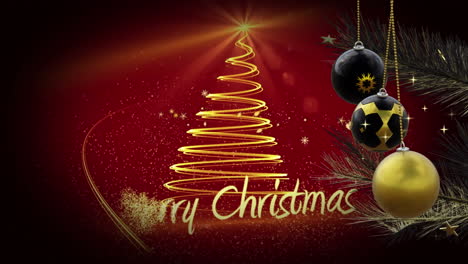 Adornos-Negros-Y-Dorados-Oscilantes-Sobre-Una-Estrella-Fugaz-En-Espiral-Y-Un-Texto-De-Feliz-Navidad