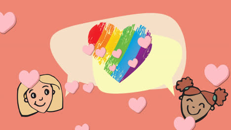 Animation-of-rainbow-heart-and-girls-icons-over-pink-background