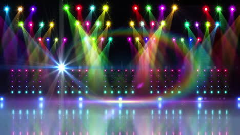 Animation-of-glowing-spot-lights-and-blue-venue-interior-background