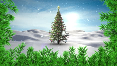 Animation-of-branches-and-snow-falling-over-decorated-christmas-tree-on-winter-landscape