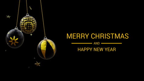 Merry-christmas-and-happy-new-year-test-with-black-and-gold-baubles-and-stars-on-black-background