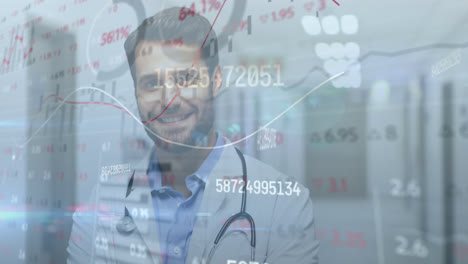 Animation-of-stock-market-data-processing-over-portrait-of-caucasian-male-doctor-smiling-at-hospital