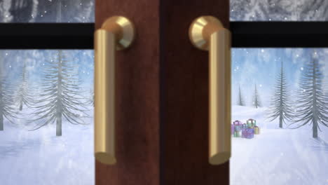 Animation-Eines-Geschmückten-Weihnachtsbaums-Und-Blick-Aus-Dem-Fenster-Auf-Den-Auf-Die-Winterlandschaft-Fallenden-Schnee