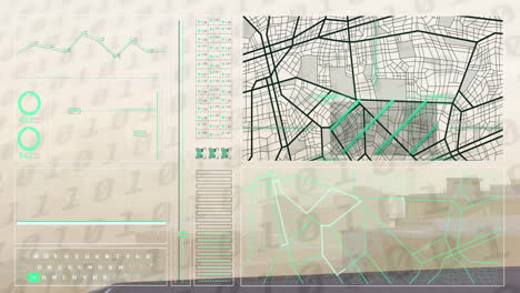 Animation-Der-Schnittstelle-Mit-Datenverarbeitung-Und-Binärer-Kodierung-Vor-Einem-Luftbild-Der-Stadtlandschaft