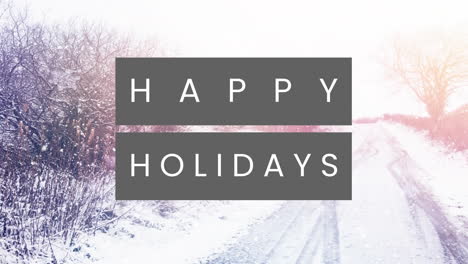 Animation-of-happy-holidays-text-banner-against-snow-falling-over-winter-landscape