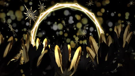 Weihnachten-Schneeflocken-über-Blätter-Und-Ring-Aus-Licht-Mit-Hellen-Flecken-Auf-Schwarzem-Hintergrund