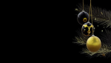 Black-and-gold-christmas-baubles-swinging-on-tree-with-gold-stars-on-black-background,-copy-space