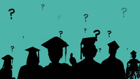 Animation-of-question-marks-over-silhouettes-of-students-in-graduation-caps-on-blue-background