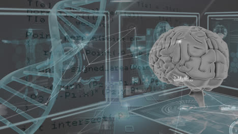 Animation-of-scientific-data-on-screens,-dna,-brain-and-connections-over-black-background