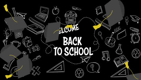 Animation-Von-Symbolen-Für-Die-Abschlusskappe-über-Dem-Textbanner-„Willkommen-Zurück-In-Der-Schule“-Und-Symbolen-Für-Das-Schulkonzept
