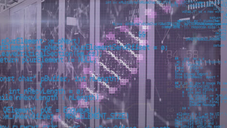 Animation-Einer-Sich-Drehenden-DNA-Struktur-Und-Datenverarbeitung-Vor-Einem-Computerserverraum