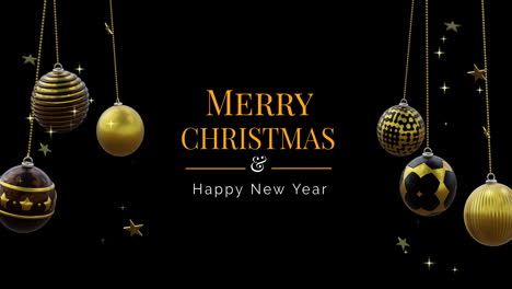 Merry-christmas-and-happy-new-year-text-with-black-and-gold-baubles-swinging-on-black-background