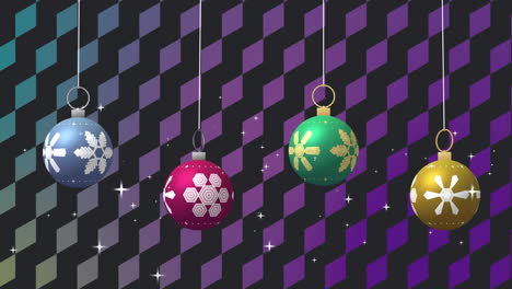 Swinging-colourful-christmas-baubles-with-white-stars-on-diamond-pattern-background