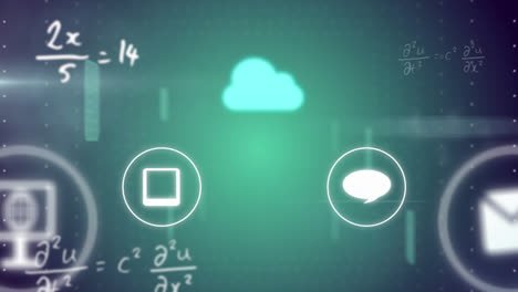Animation-Einer-Digitalen-Cloud,-Sprechblasensymbolen-Und-Mathematischer-Datenverarbeitung