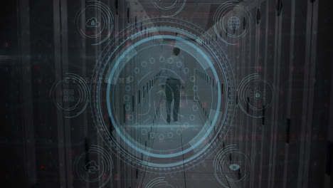 Animation-of-data-protection-text,-fingerprint,-icons-over-rear-view-of-man-walking-in-server-room