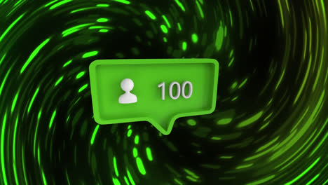 Animation-of-social-media-people-icon-and-numbers-on-green-speech-bubble-over-neon-tunnel