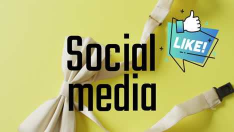 Animation-of-social-media-text-and-like-icon-over-bow-tie-on-yellow-background