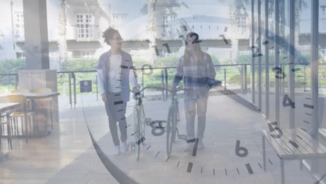 Animation-of-clock-rotating-over-african-american-friends-with-bicycles-walking-on-footpath-in-city