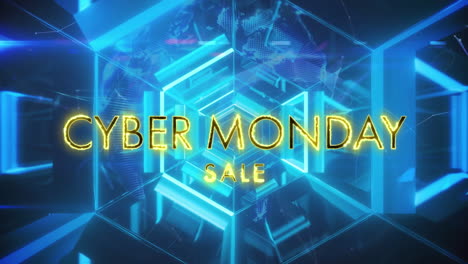 Animation-of-cyber-monday-sale-text-banner-against-neon-blue-hexagonal-tunnel-in-seamless-pattern
