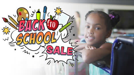 Animation-Des-Textes-„Zurück-Zur-Schule“-über-Einem-Glücklichen-Afroamerikanischen-Schulmädchen-In-Der-Schule