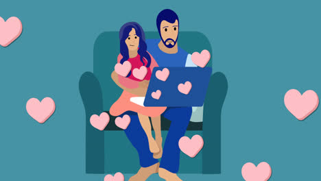 Animation-of-biracial-father-and-daughter-with-laptop-over-blue-background-with-hearts