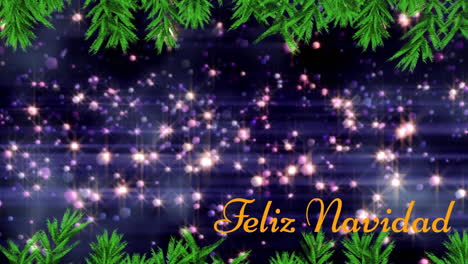 Animation-Des-Textes-„Feliz-Navidad“-Vor-Roten-Lichtfunken,-Die-Vor-Violettem-Hintergrund-Schweben
