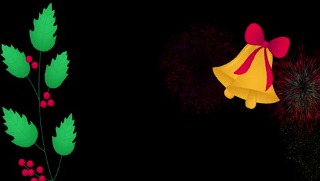 Animation-Eines-Mistelzweigs-Und-Eines-Weihnachtsglockensymbols-über-Einem-Explodierenden-Feuerwerk-Vor-Schwarzem-Hintergrund
