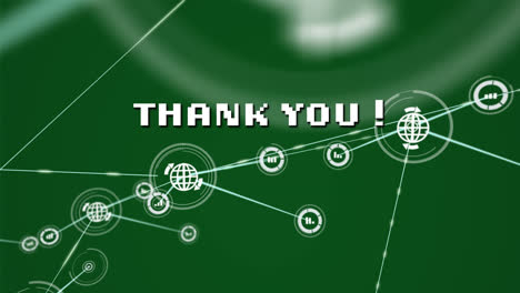 Animation-of-network-of-connections-with-icons-over-thank-you-text-on-green-background