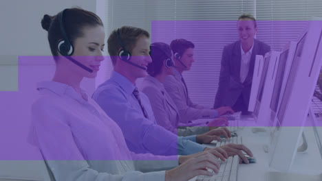 Animation-of-violet-lines-over-diverse-call-center-workers