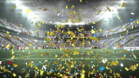 Animation-of-colorful-confetti-falling-against-view-of-soccer-stadium