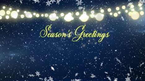Animation-of-snowflakes-over-seasons-greetings-text-banner-and-fairy-lights-against-night-sky