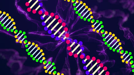 Animation-of-moving-shapes-and-dna-strands-on-black-background
