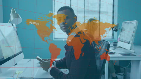 Animation-of-world-map-and-data-processing-over-african-american-businessman-in-office