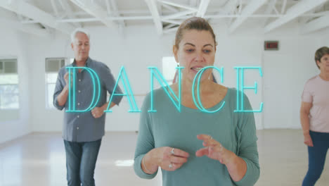 Animation-of-dance-text-over-caucasian-senior-friends-dancing