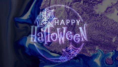 Animation-of-happy-halloween-text-and-spiderwebs-over-purple-and-black-background