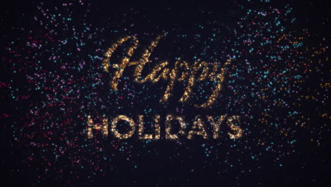 Animation-of-fireworks-exploding-over-happy-holidays-text-banner-against-black-background
