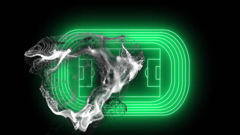 Animation-Einer-Grauen-Digitalen-Welle-über-Einem-Neongrünen-Fußballfeld-Layout-Vor-Schwarzem-Hintergrund