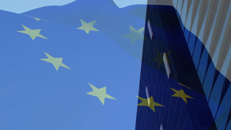 Animación-De-La-Bandera-De-La-Unión-Europea-Sobre-Edificios-De-Oficinas.