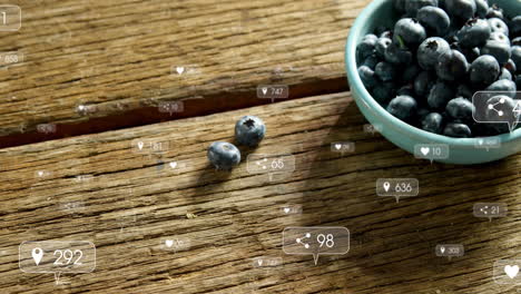 Animation-of-social-media-icons-foating-against-close-up-of-blackberries-in-a-bowl-on-wooden-table