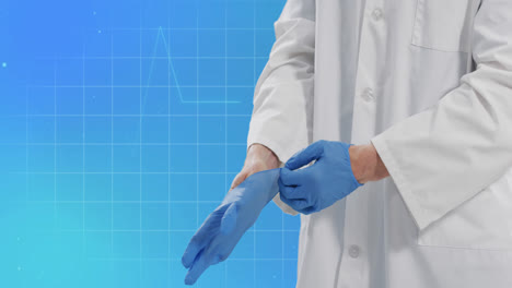 Animation-of-cardiograph-with-caucasian-doctor-wearing-medical-gloves-on-blue-background